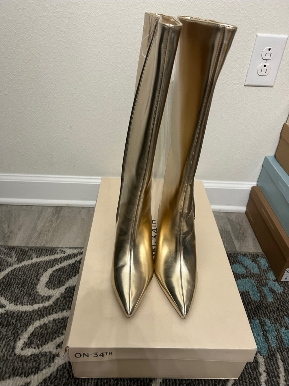 On 34th Metallic Gold Mid-Calf Pointed Toe Heel Boots - Women Size 9 W